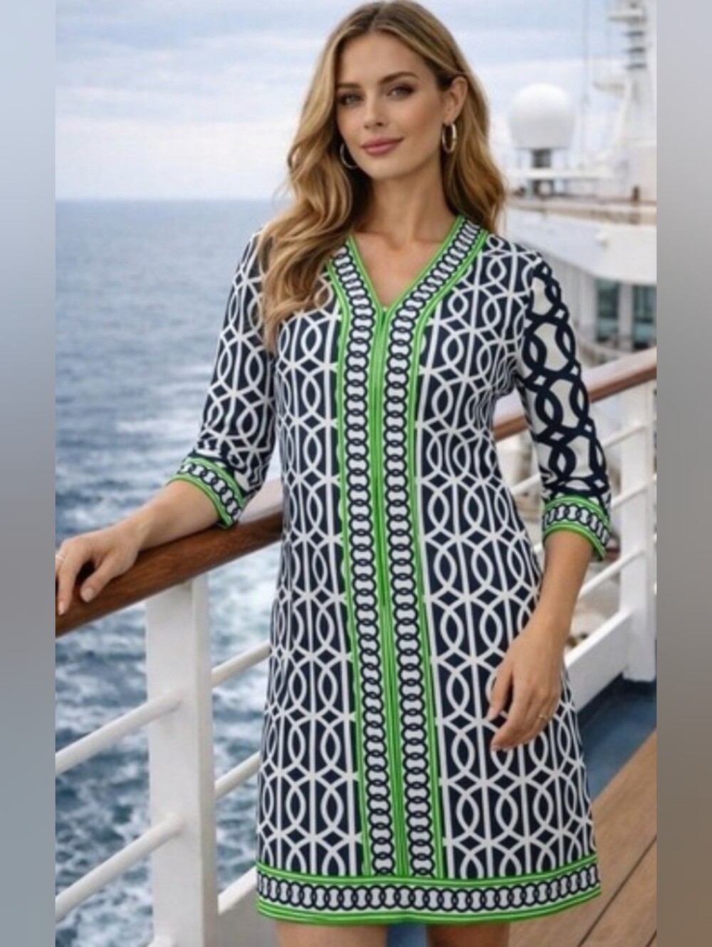Gretchen Scott Designs Navy and Lime Geometric V‑Neck Dress VGUC LARGE PTP 21 - Picture 1 of 5